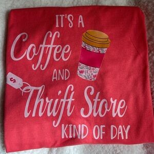 Coral Graphic Tee with Coffee and Thrift Store Print